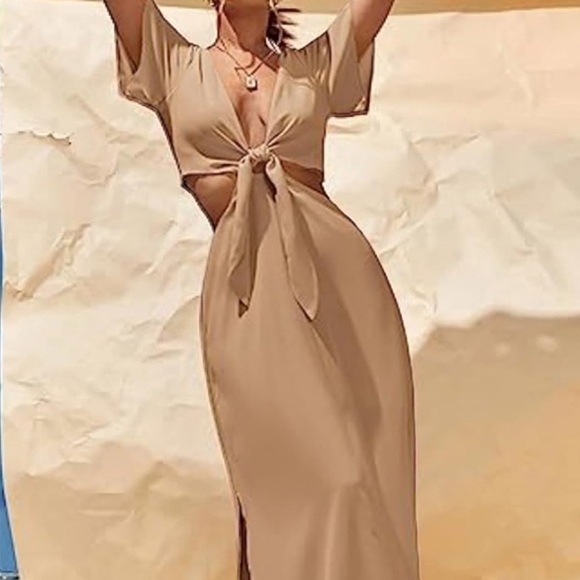 Tan tie front cut out, split hem, short sleeve maxi dress, Large - Picture 3 of 13